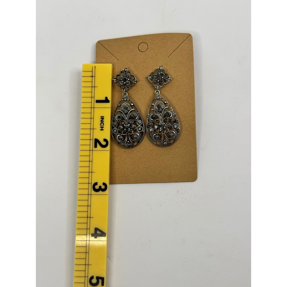 Silver Tone Black Rhinestone Filigree Teardrop Drop Earrings Vintage Goth Y2K - Picture 2 of 3